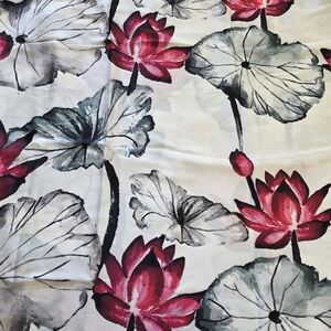 Floral Print Fabric with Red and Gray Lotus Design